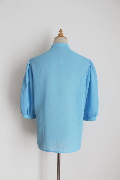 VINTAGE HIGH COLLAR BLOUSE BLUE - SIZE 12