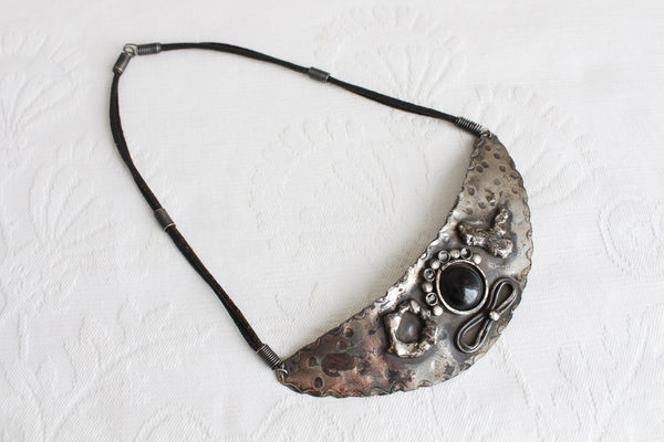 VINTAGE HAND CRAFTED LEATHER METAL NECKLACE