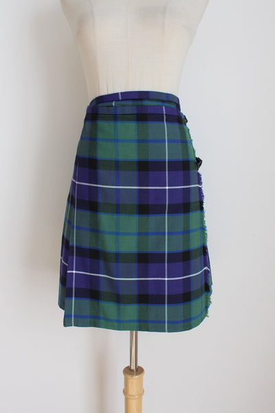 PLEATED TARTAN KILT SKIRT NAVY GREEN - SIZE 12