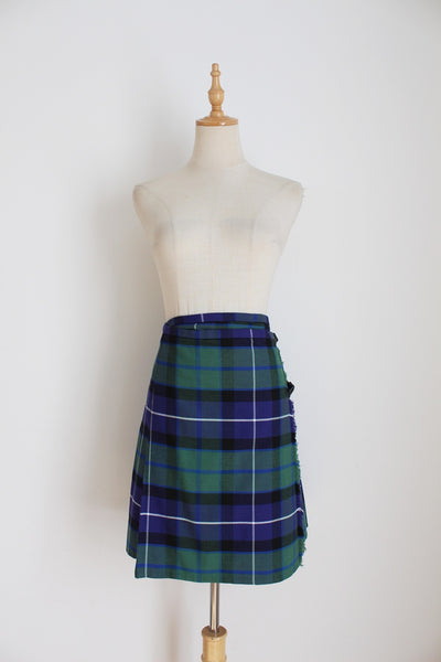 PLEATED TARTAN KILT SKIRT NAVY GREEN - SIZE 12