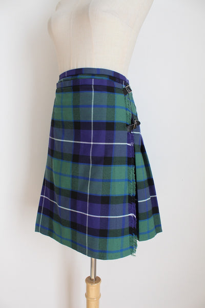PLEATED TARTAN KILT SKIRT NAVY GREEN - SIZE 12