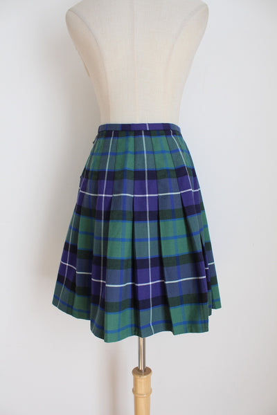 PLEATED TARTAN KILT SKIRT NAVY GREEN - SIZE 12