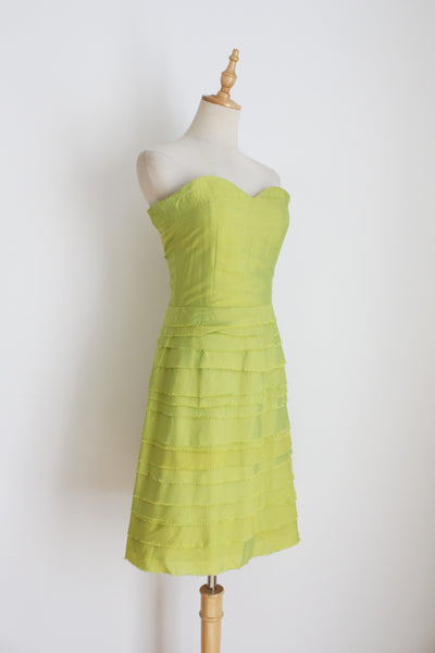 100% SILK TIERED STRAPLESS DRESS GREEN - SIZE 6