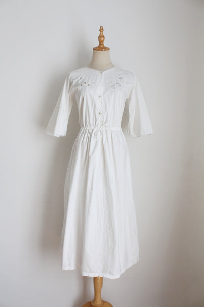 VINTAGE EMBROIDERED COTTON DRESS WHITE - SIZE 8