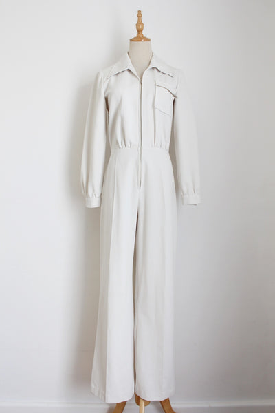 VINTAGE ZIP FRONT JUMPSUIT BEIGE - SIZE 8