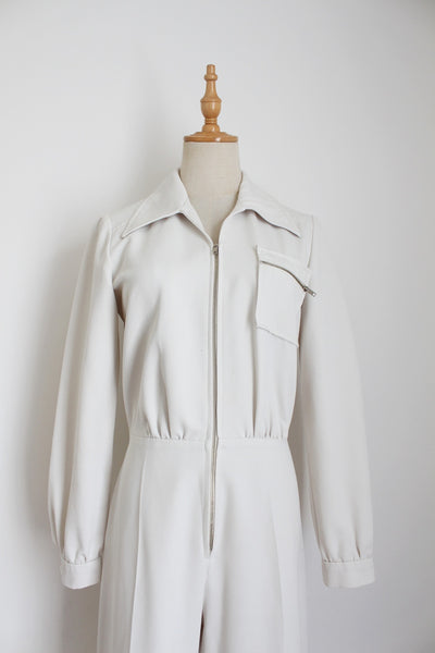 VINTAGE ZIP FRONT JUMPSUIT BEIGE - SIZE 8