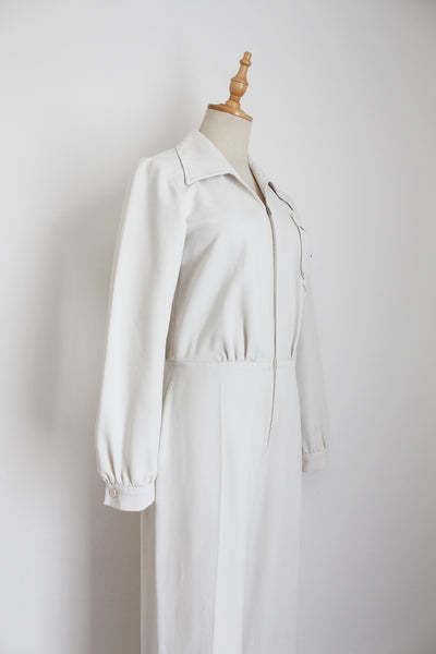 VINTAGE ZIP FRONT JUMPSUIT BEIGE - SIZE 8