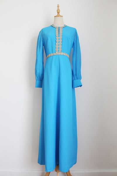 VINTAGE PLEATED SLEEVE EVENING DRESS BLUE - SIZE 10