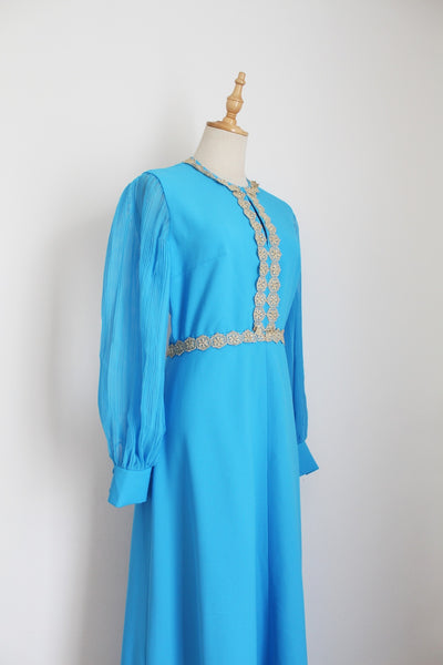 VINTAGE PLEATED SLEEVE EVENING DRESS BLUE - SIZE 10