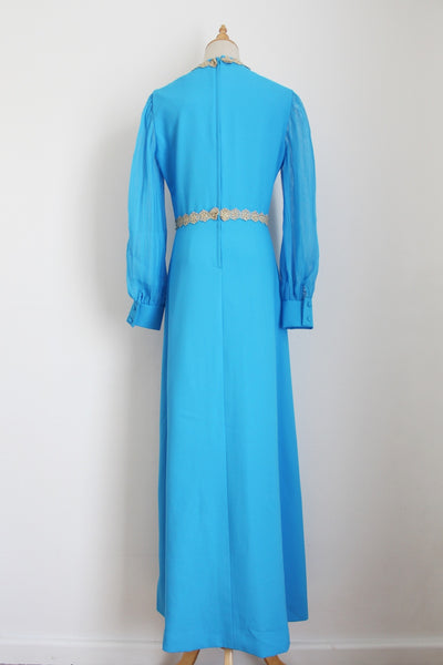 VINTAGE PLEATED SLEEVE EVENING DRESS BLUE - SIZE 10