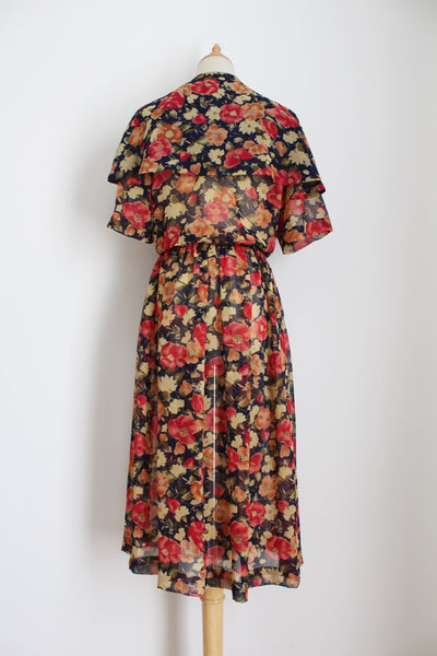 VINTAGE WATERFALL COLLAR FLORAL DRESS - SIZE 14
