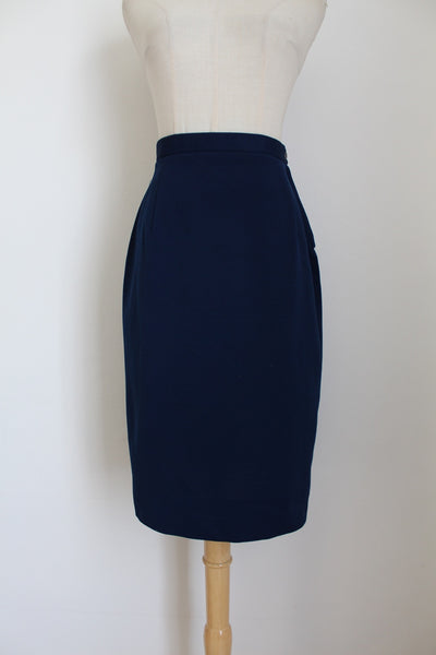 VINTAGE CRIMPLENE SKIRT SUIT SET NAVY - SIZE 8