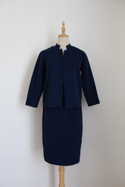 VINTAGE CRIMPLENE SKIRT SUIT SET NAVY - SIZE 8