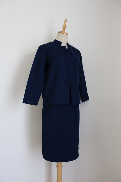VINTAGE CRIMPLENE SKIRT SUIT SET NAVY - SIZE 8