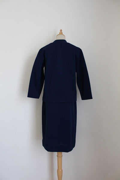 VINTAGE CRIMPLENE SKIRT SUIT SET NAVY - SIZE 8