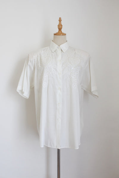 VINTAGE THAI SILK BEADED SHIRT WHITE - SIZE 12