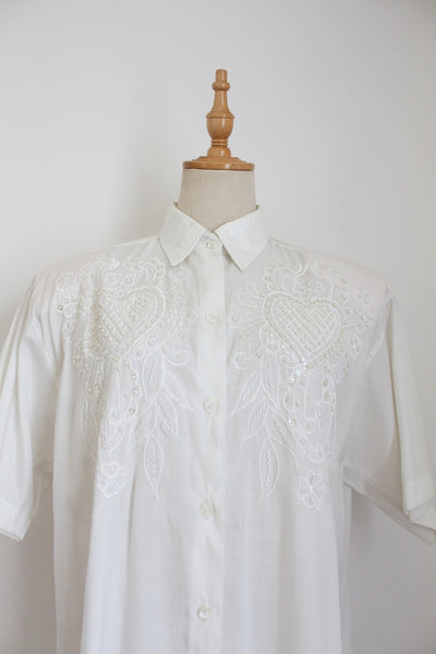 VINTAGE THAI SILK BEADED SHIRT WHITE - SIZE 12