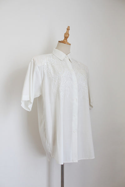 VINTAGE THAI SILK BEADED SHIRT WHITE - SIZE 12