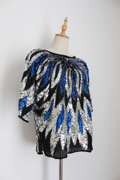 VINTAGE SEQUINED TOP BLUE BLACK - SIZE 12