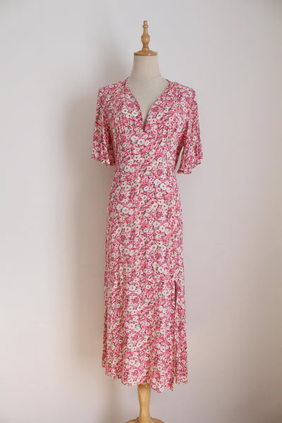 FLORAL PRINT FLARE SLEEVE DRESS PINK - SIZE S
