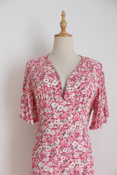 FLORAL PRINT FLARE SLEEVE DRESS PINK - SIZE S