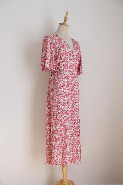 FLORAL PRINT FLARE SLEEVE DRESS PINK - SIZE S