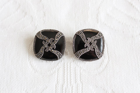 VINTAGE MARCASITE ONYX SQUARE CLIP-ONS