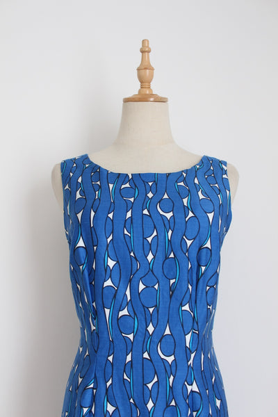 VINTAGE PRINT SHIFT DRESS BLUE - SIZE 10