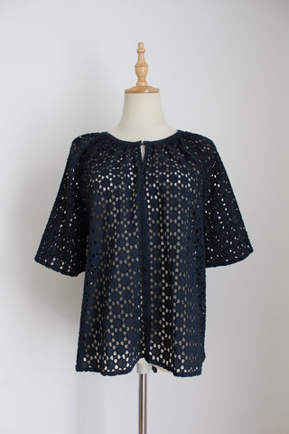 COUNTRY ROAD BRODERIE TOP NAVY - SIZE 16
