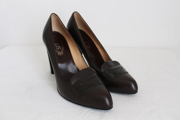 TOD'S LEATHER LOAFER HEELS BROWN - SIZE 7