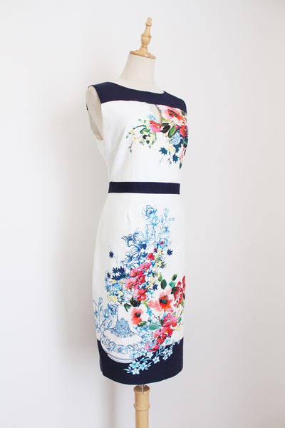 PHASE EIGHT FLORAL FITTED DRESS WHITE - SIZE 12