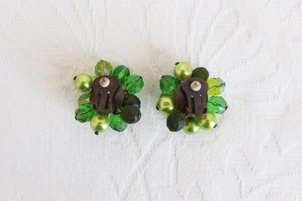 VINTAGE BEADED CLUSTER CLIP-ONS GREEN