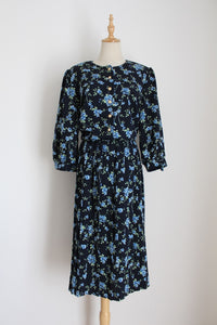 VINTAGE PLEATED FLORAL DRESS NAVY - SIZE 16