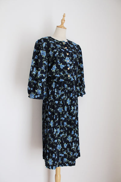 VINTAGE PLEATED FLORAL DRESS NAVY - SIZE 16