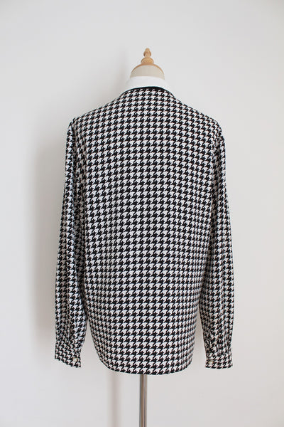 VINTAGE HOUNDSTOOTH PUSSYBOW BLOUSE - SIZE 14