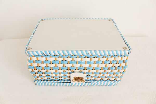 VINTAGE WOVEN SEWING BOX BLUE WHITE