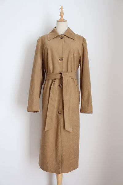 VINTAGE FAUX SUEDE TRENCH COAT TAN - SIZE 16