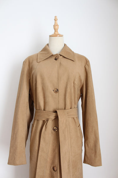 VINTAGE FAUX SUEDE TRENCH COAT TAN - SIZE 16