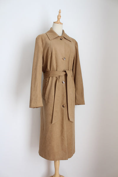 VINTAGE FAUX SUEDE TRENCH COAT TAN - SIZE 16