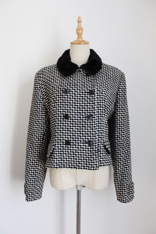 VINTAGE HOUNDSTOOTH FAUX FUR JACKET - SIZE 16