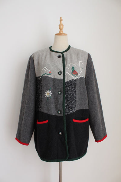 VINTAGE EMBROIDERY WOOL JACKET GREY - SIZE 14