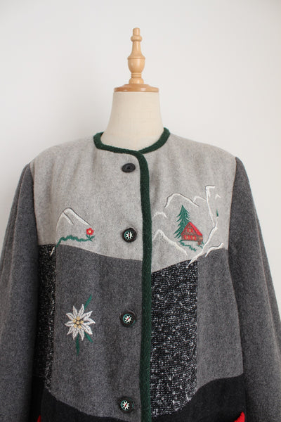 VINTAGE EMBROIDERY WOOL JACKET GREY - SIZE 14