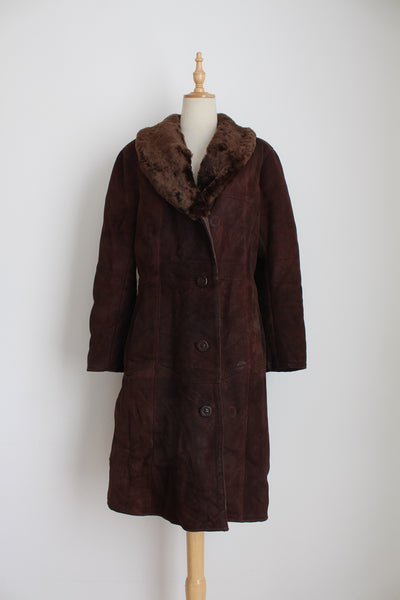 VINTAGE GENUINE SHEEPSKIN SUEDE COAT BROWN - SIZE 12