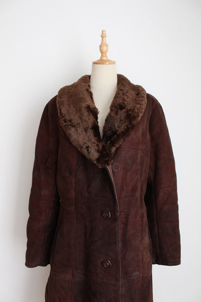 VINTAGE GENUINE SHEEPSKIN SUEDE COAT BROWN - SIZE 12