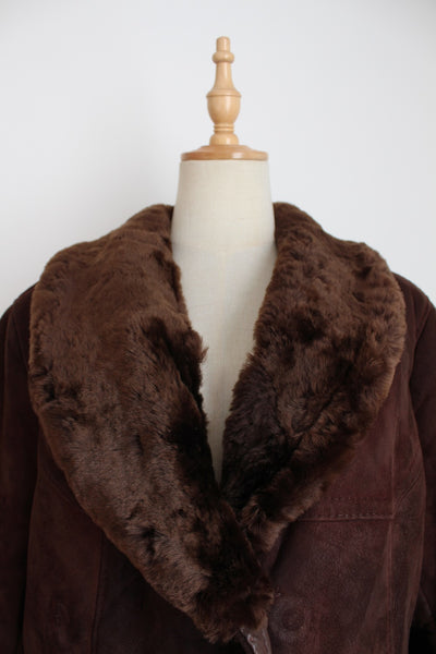 VINTAGE GENUINE SHEEPSKIN SUEDE COAT BROWN - SIZE 12