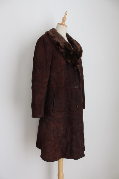 VINTAGE GENUINE SHEEPSKIN SUEDE COAT BROWN - SIZE 12