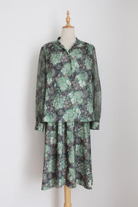 VINTAGE FLORAL TWO PIECE DRESS GREEN - SIZE 18