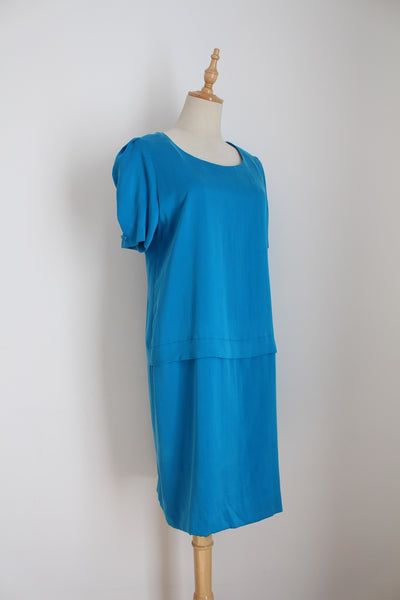 VINTAGE 100% SILK DRESS BLUE - SIZE 10