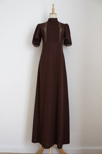 VINTAGE HIGH COLLAR MAXI DRESS BROWN - SIZE 8