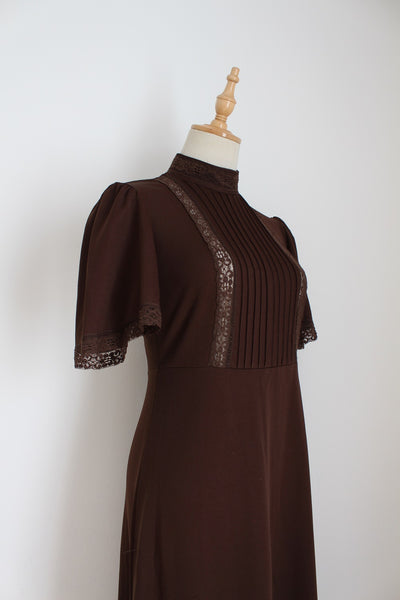 VINTAGE HIGH COLLAR MAXI DRESS BROWN - SIZE 8